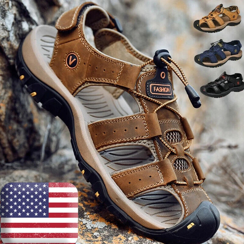Summer Men's Leather Sandals Closed Toe Beach Nonslip Outdoor Sport Hiking Shoes