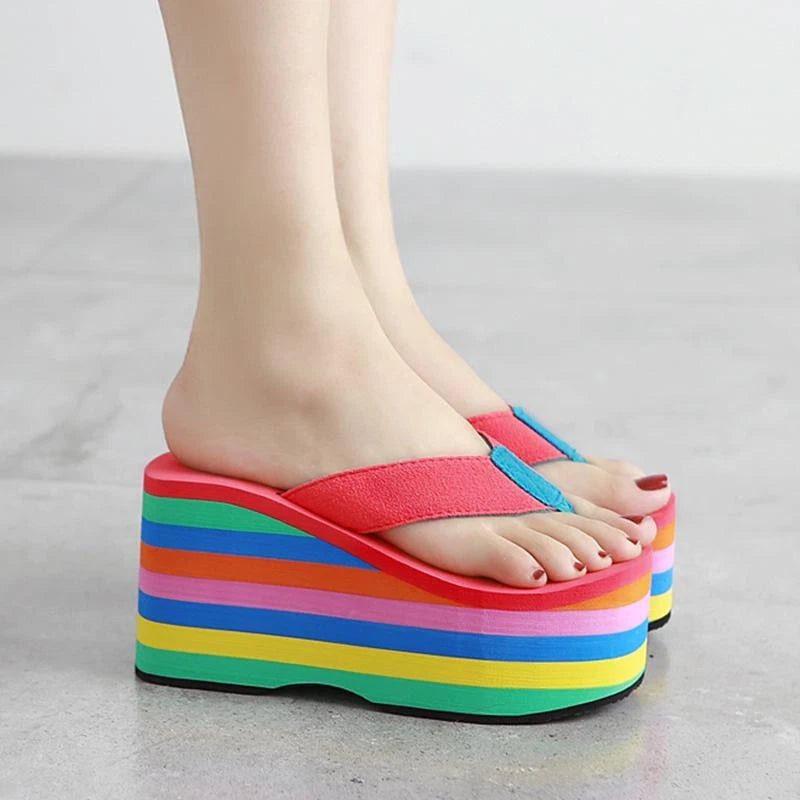 Womens Flat Platform Sandals Flip-flops Shoes Rainbow Color Beach Slipper Casual