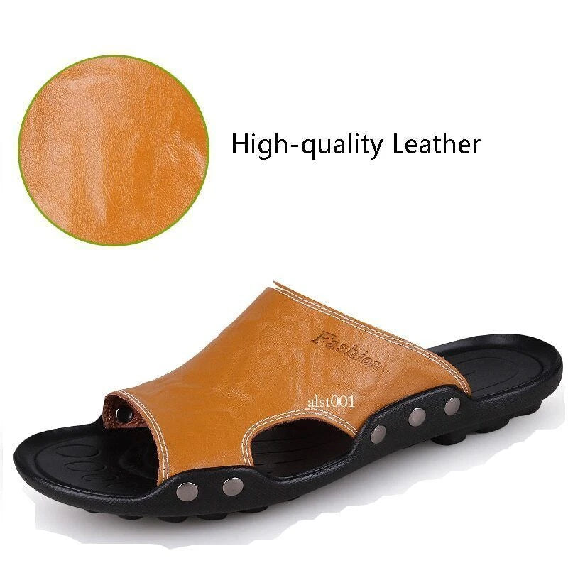 Genuine Leather Sandals Mens Slippers Flip Flops Beach Male Men Casual Open Toe
