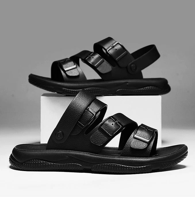Summer Open Toe Slippers Sandals Hollow Out Faux Leather Men's Flats Beach Shoes