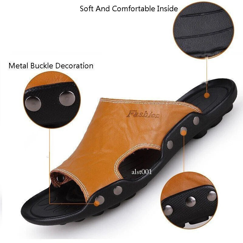 Genuine Leather Sandals Mens Slippers Flip Flops Beach Male Men Casual Open Toe