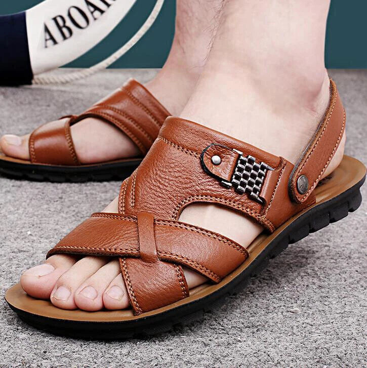 Summer Men's Leather Sandals Adjustable Casual Slippers Beach Holiday Shoes Size