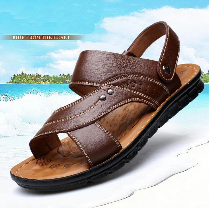 Summer Men's Sandals Real Leather Beach Water Shoes Casual Slip On Slippers New