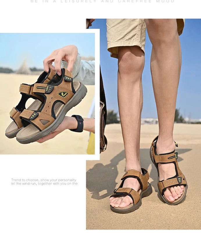 Summer Men Genuine Leather Sandals Classic Walking Shoes Outdoor Beach Slippers