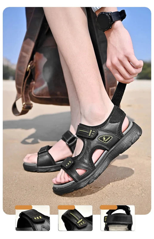 Summer Men Genuine Leather Sandals Classic Walking Shoes Outdoor Beach Slippers