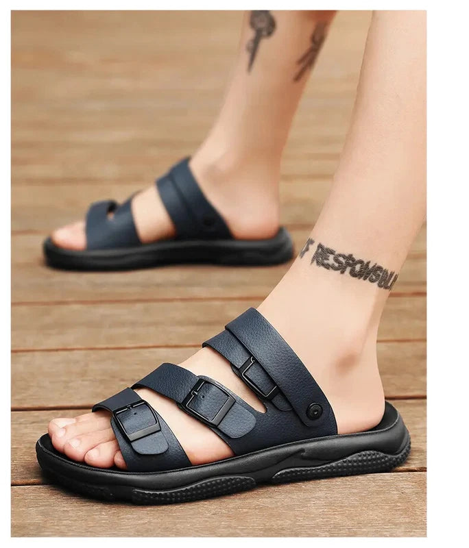 Summer Open Toe Slippers Sandals Hollow Out Faux Leather Men's Flats Beach Shoes