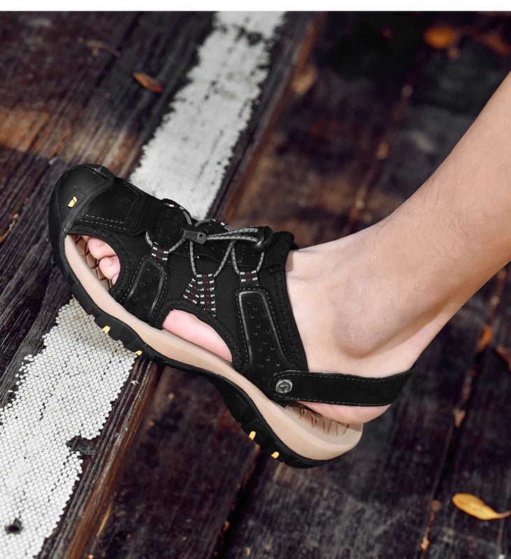 Mens Sandals Genuine Leather Summer Casual Shoes Outdoor Beach Slipper