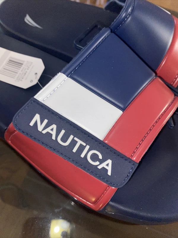 Nautica Bower Athletic Adjustable Slides Sandals, Mens Size 9, Navy White & Red