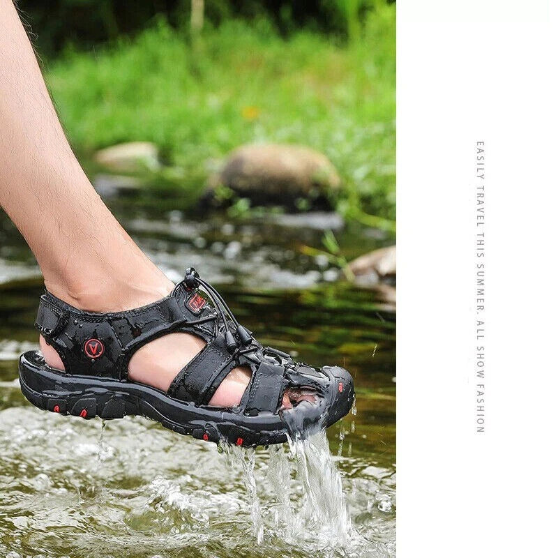 Summer Men's Leather Sandals Closed Toe Beach Nonslip Outdoor Sport Hiking Shoes