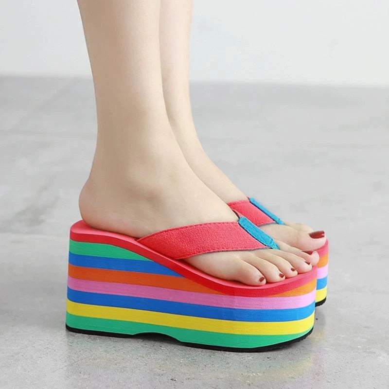 Womens Flat Platform Sandals Flip-flops Shoes Rainbow Color Beach Slipper Casual