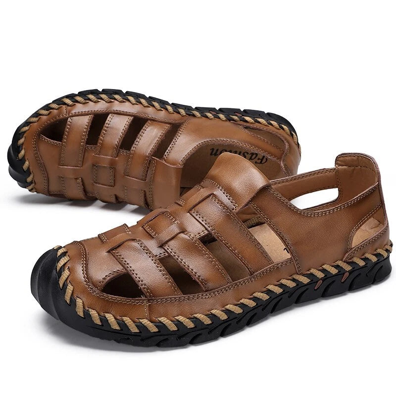 Men's Sandals Summer Soft Genuine Leather Flat Roman Sandals Beach Slippers