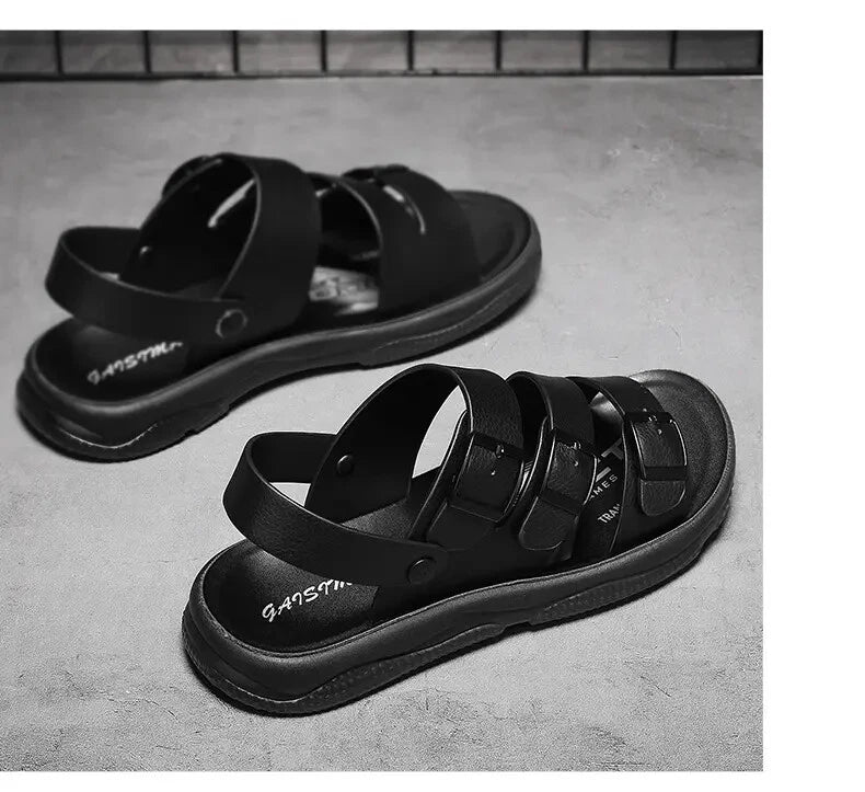 Summer Open Toe Slippers Sandals Hollow Out Faux Leather Men's Flats Beach Shoes