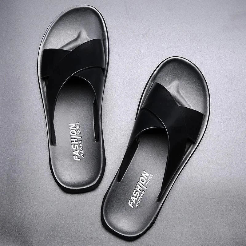 Mens Leather Flats Slip On Summer Casual Slippers Casual Beach Slides Shoes Size