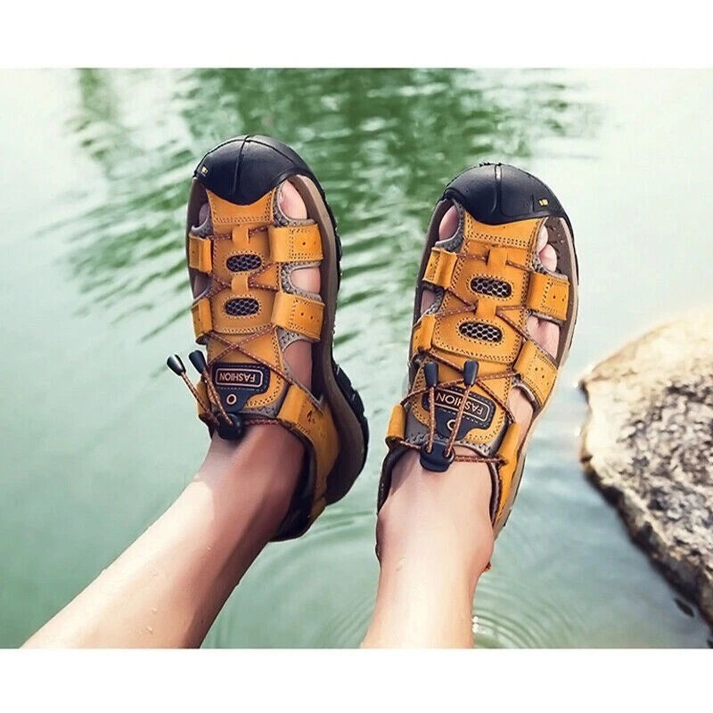 Summer Men's Leather Sandals Closed Toe Beach Nonslip Outdoor Sport Hiking Shoes