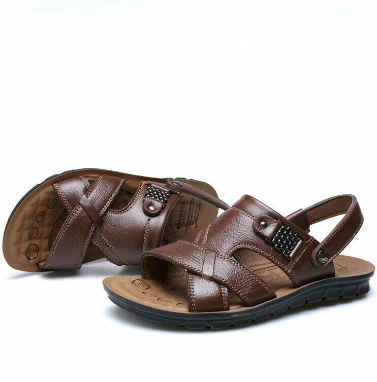 Summer Men's Leather Sandals Adjustable Casual Slippers Beach Holiday Shoes Size