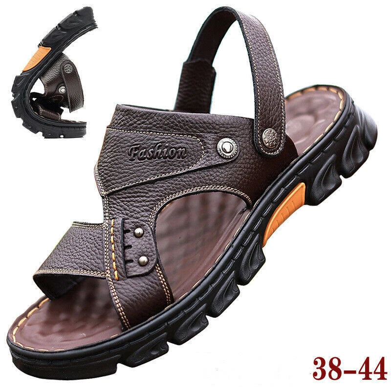 Men's Summer Leather Gladiator Sandals Adjustable Casual Slippers Beach Slippers