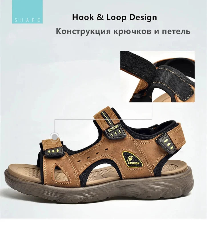 Summer Men Genuine Leather Sandals Classic Walking Shoes Outdoor Beach Slippers