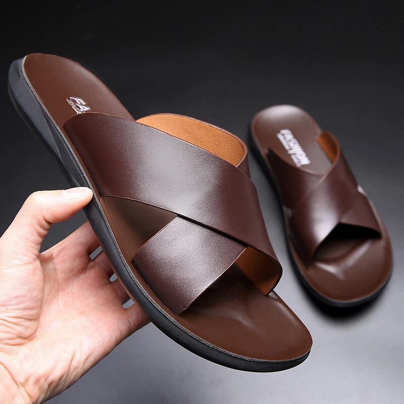Mens Roman Non-slip Cross Strap Leather Sandals Male Summer Shoes Beach Slippers