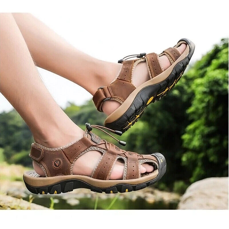 Summer Men's Leather Sandals Closed Toe Beach Nonslip Outdoor Sport Hiking Shoes