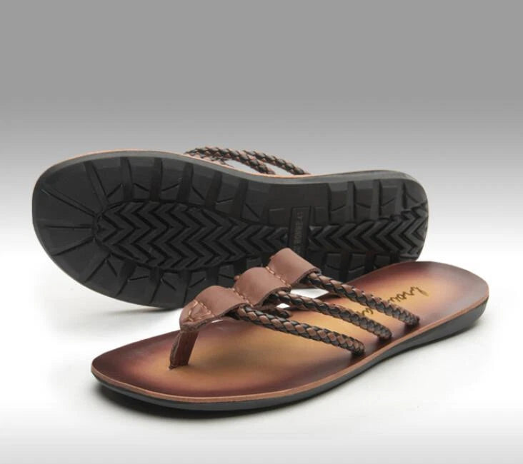 Summer Beach Men Leather Slipper Strappy Flat Roman Shoes Slingback Thong Sandal