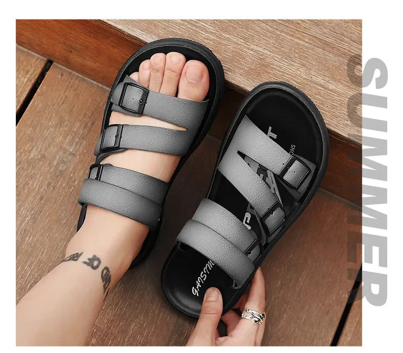 Summer Open Toe Slippers Sandals Hollow Out Faux Leather Men's Flats Beach Shoes