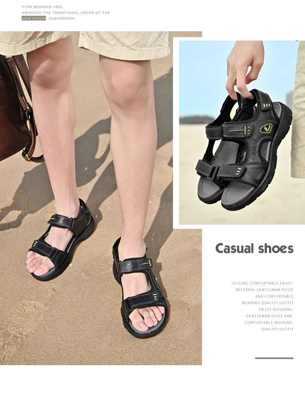Summer Men Genuine Leather Sandals Classic Walking Shoes Outdoor Beach Slippers