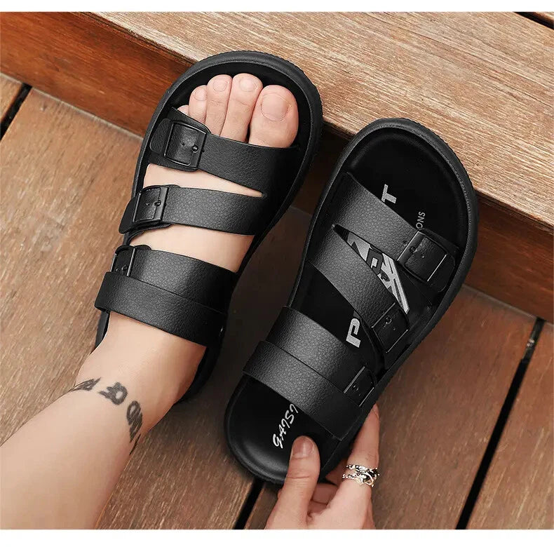 Summer Open Toe Slippers Sandals Hollow Out Faux Leather Men's Flats Beach Shoes
