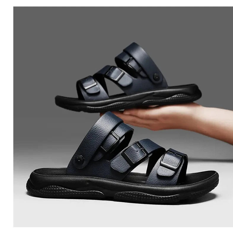 Summer Open Toe Slippers Sandals Hollow Out Faux Leather Men's Flats Beach Shoes