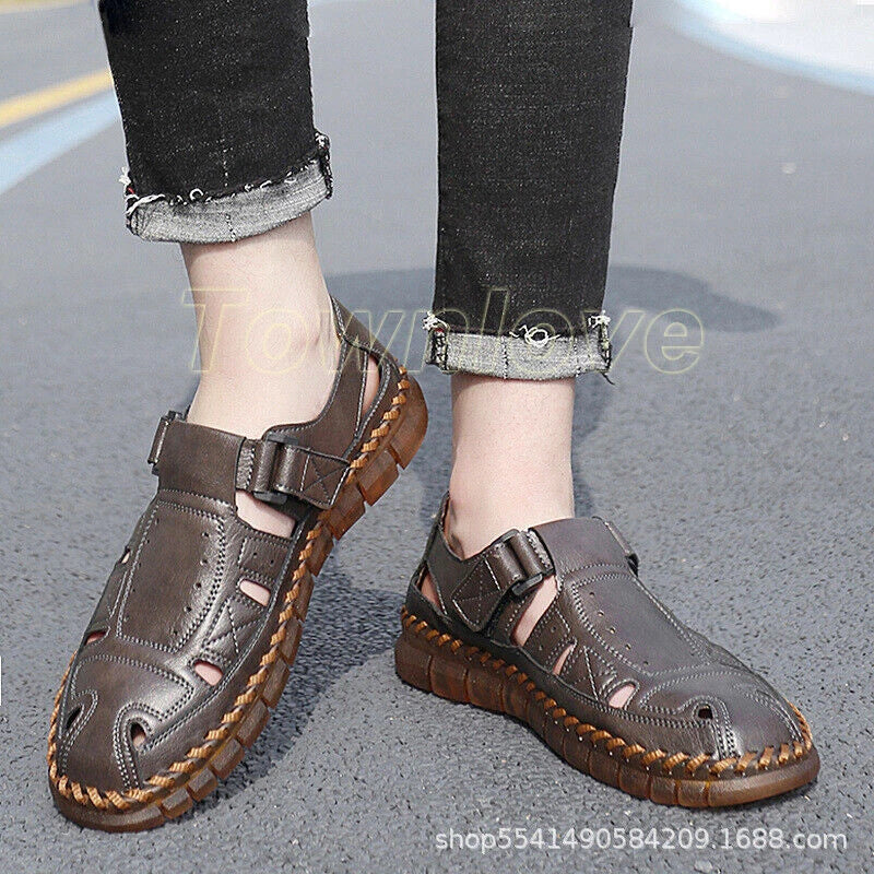 Summer Mens Leather Sandals Casual Sports Beach Shoes Soft Home Slippers Flat