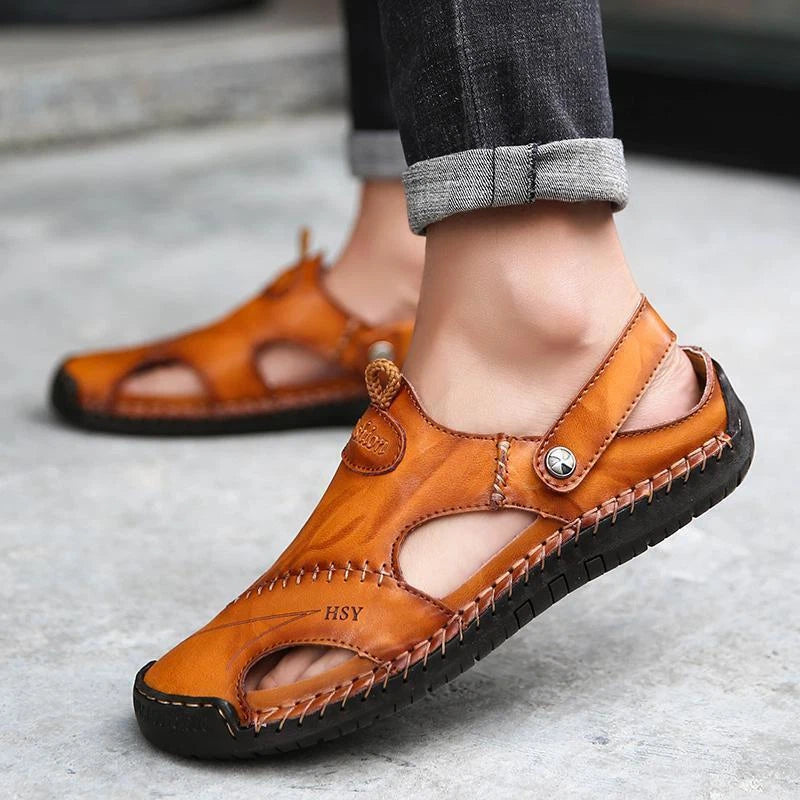 Summer Men Flat Non-slip Leather Sandals Casual Sports Beach Shoes Soft Slippers