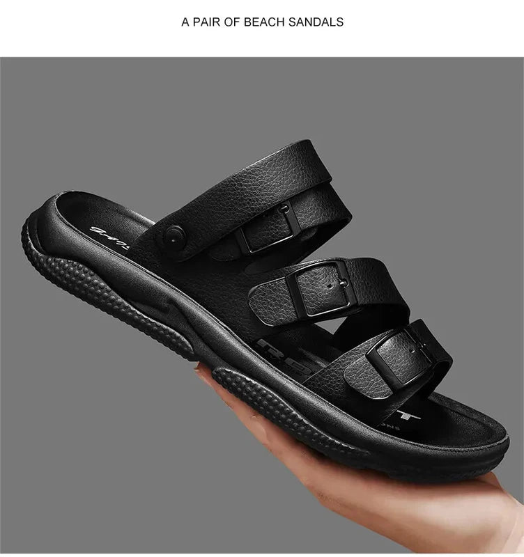 Summer Open Toe Slippers Sandals Hollow Out Faux Leather Men's Flats Beach Shoes