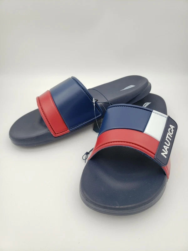 Nautica Bower Athletic Adjustable Slides Sandals, Mens Size 12, Navy White & Red
