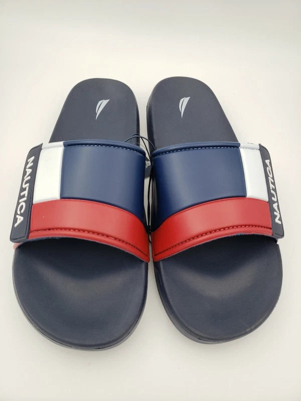 Nautica Bower Athletic Adjustable Slides Sandals, Mens Size 12, Navy White & Red