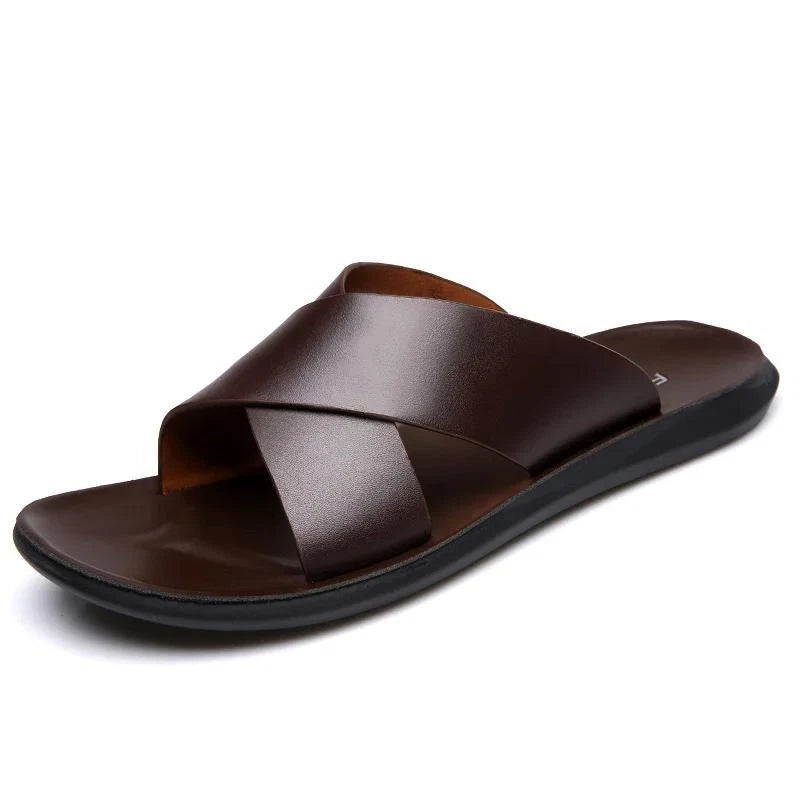 Mens Leather Flats Slip On Summer Casual Slippers Casual Beach Slides Shoes Size