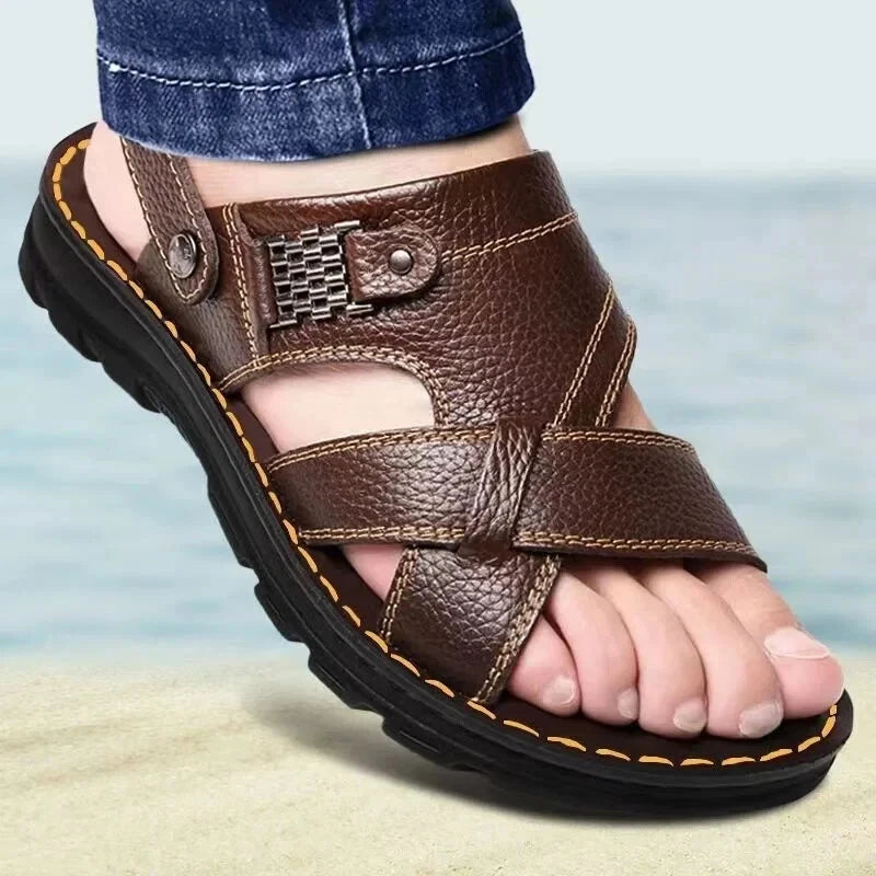 Summer Men Leather Sandals Genuine Leather Non-slip Men Shoes Slippers