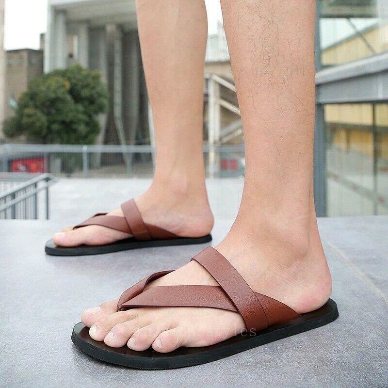 Men's Summer Fashion Beach Outdoor Leather Sandals with Straps Non-Slip Slippers