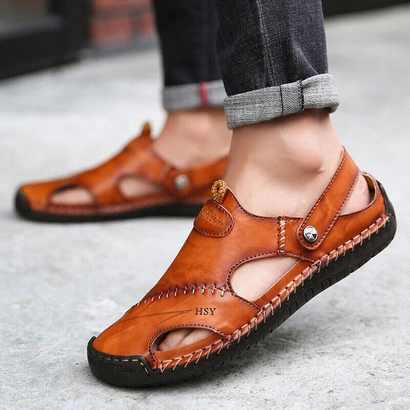 Summer Men Flat Non-slip Leather Sandals Casual Sports Beach Shoes Soft Slippers