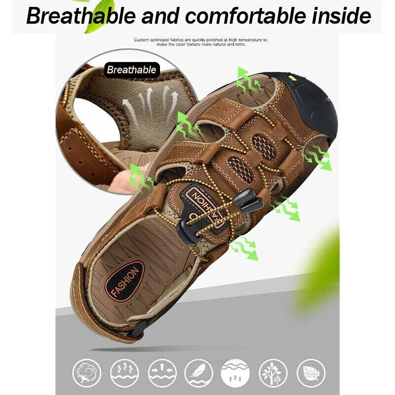 Summer Men's Leather Sandals Closed Toe Beach Nonslip Outdoor Sport Hiking Shoes