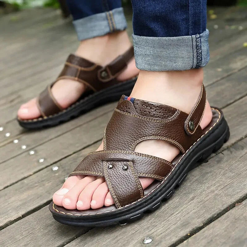 Summer Men Leather Sandals Genuine Leather Non-slip Men Shoes Slippers