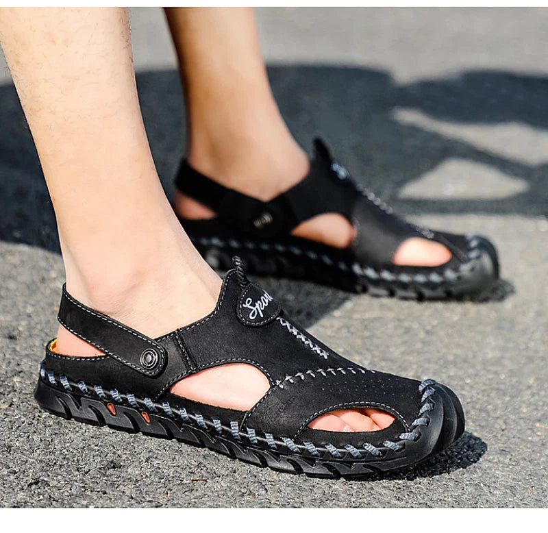 Summer Genuine Leather Beach Mens Sandals Soft Breathable Shoes Outdoor Slippers