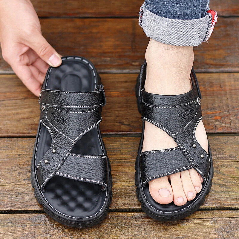 Men's Summer Leather Gladiator Sandals Adjustable Casual Slippers Beach Slippers