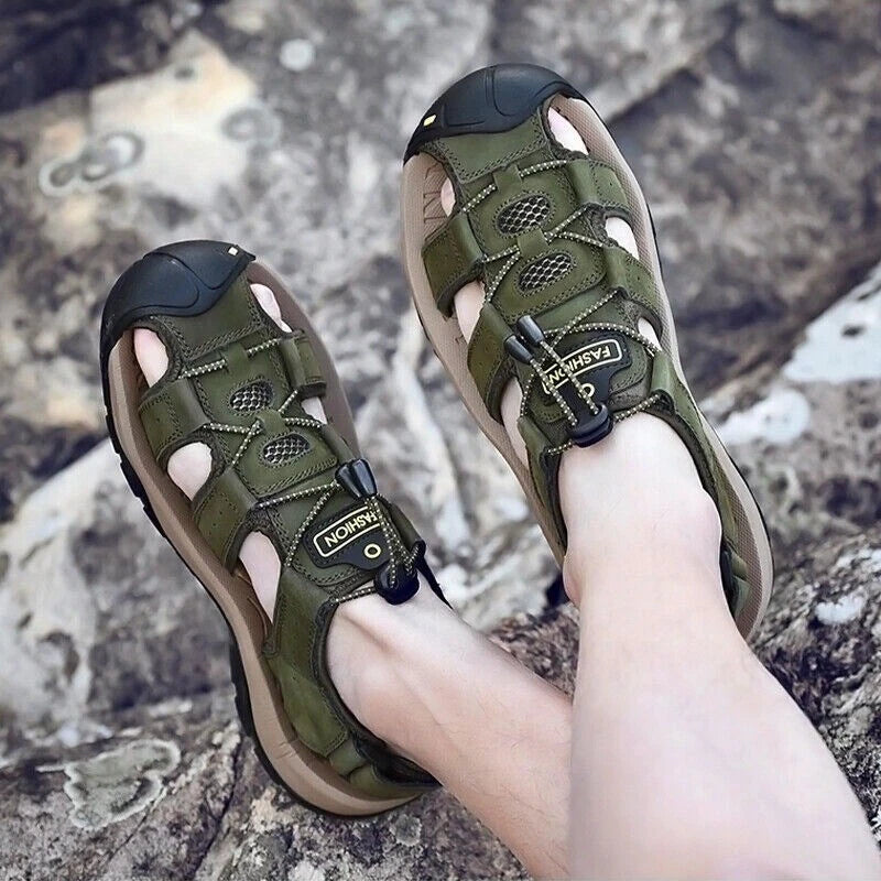Summer Men's Leather Sandals Closed Toe Beach Nonslip Outdoor Sport Hiking Shoes