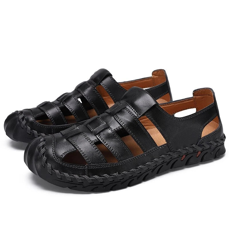 Men's Sandals Summer Soft Genuine Leather Flat Roman Sandals Beach Slippers