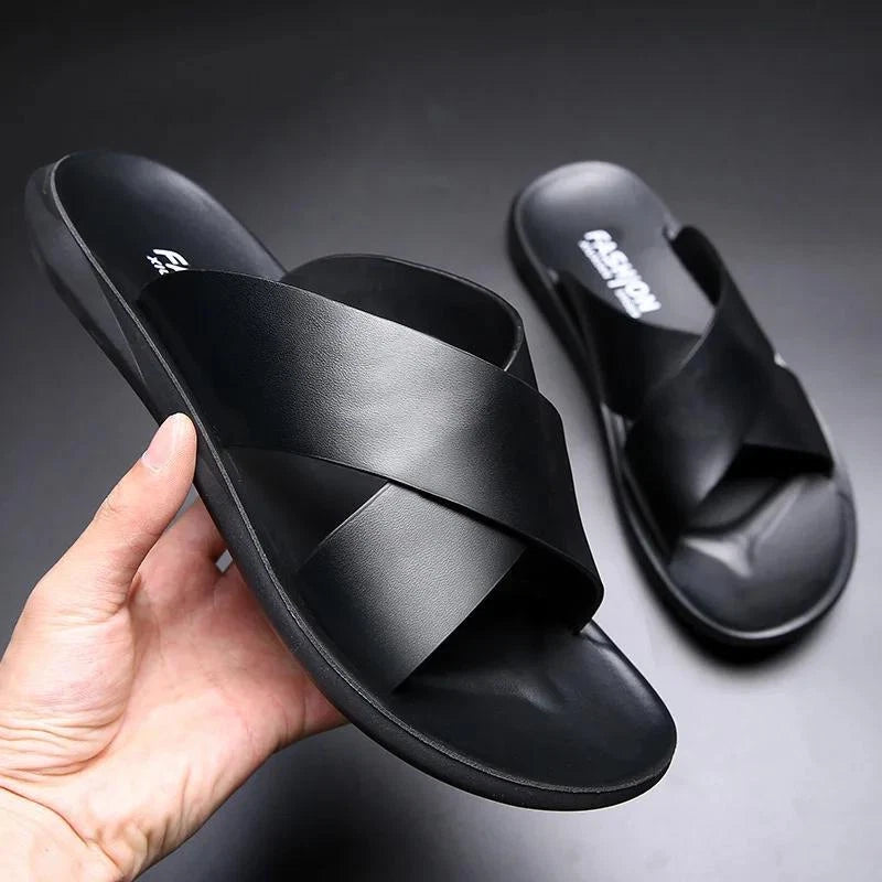 Mens Leather Flats Slip On Summer Casual Slippers Casual Beach Slides Shoes Size