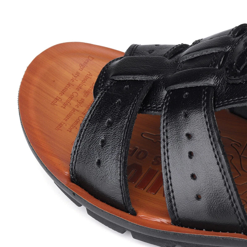 Fashion Men Beach Open Toe Driving Leather Flats Sandals Outdoor Casual Slippers