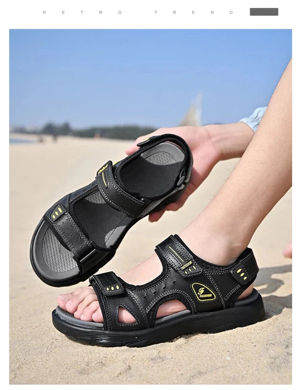 Summer Men Genuine Leather Sandals Classic Walking Shoes Outdoor Beach Slippers