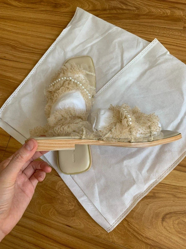 Retro lace pearl slippers women fashion flat beach sandal  36/6.5