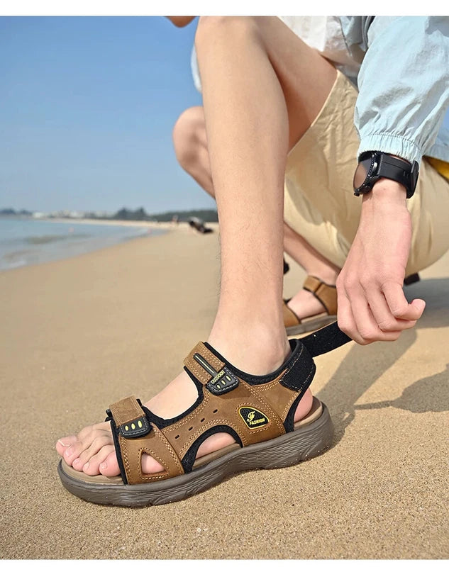 Summer Men Genuine Leather Sandals Classic Walking Shoes Outdoor Beach Slippers