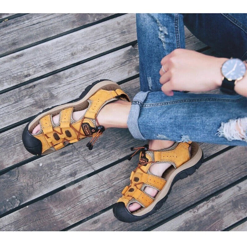 Summer Men's Leather Sandals Closed Toe Beach Nonslip Outdoor Sport Hiking Shoes