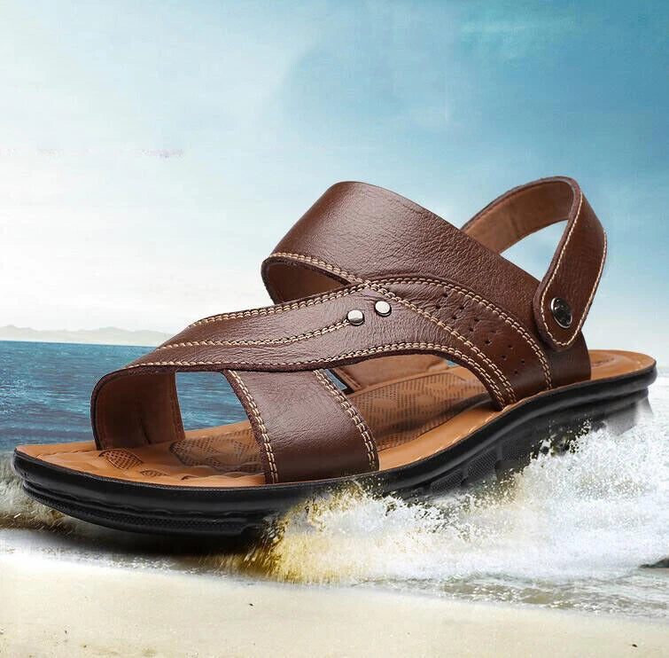 Summer Men's Sandals Real Leather Beach Water Shoes Casual Slip On Slippers New